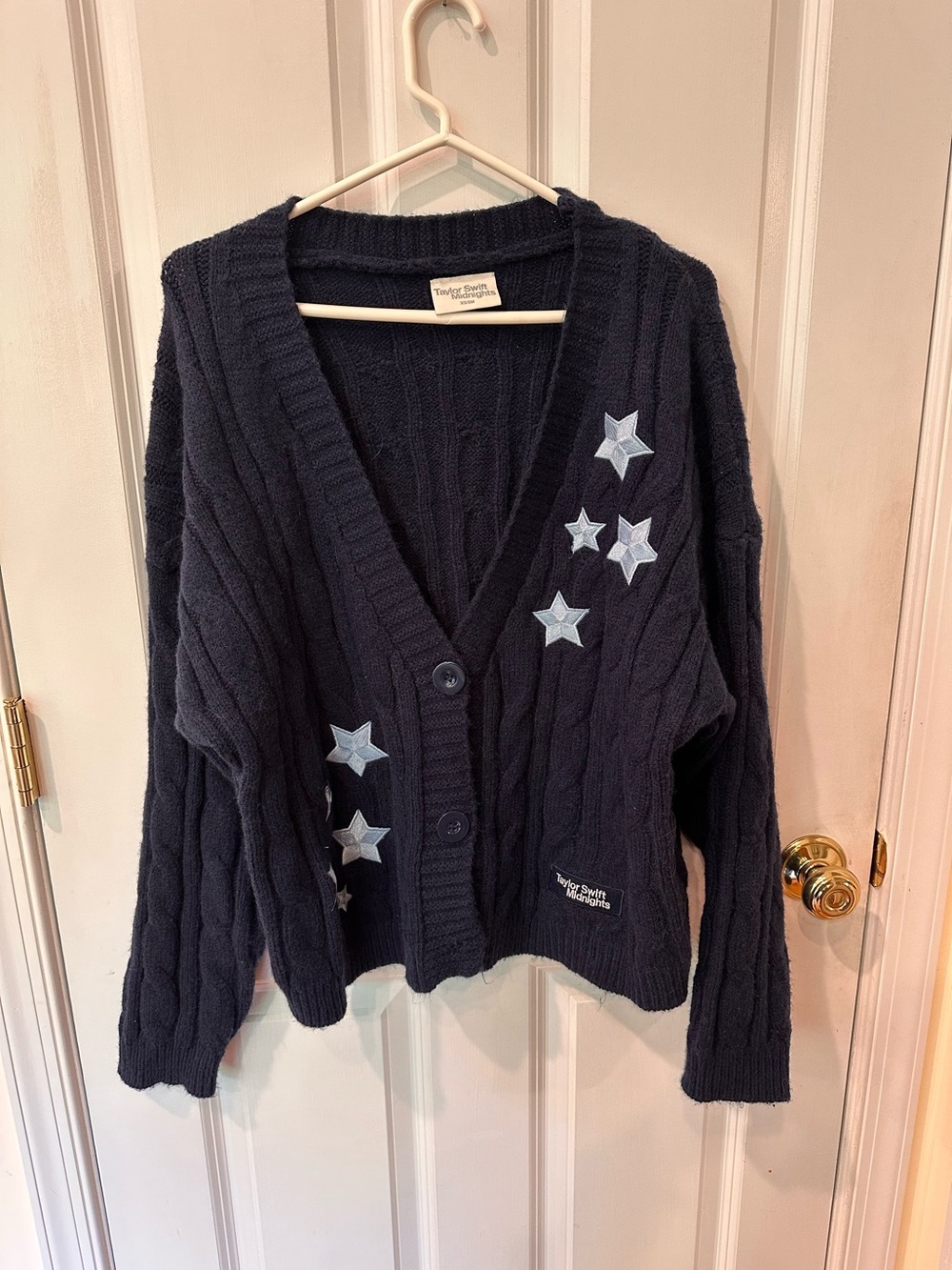 Taylor Swift Midnights 
Navy Cable-Knit Cardigan with Light Blue Star Appliqués